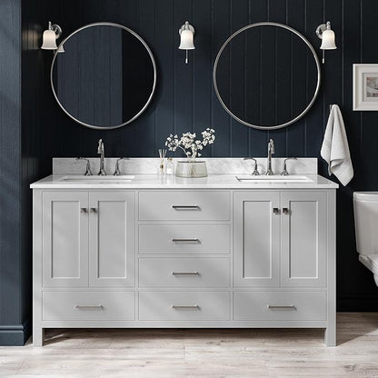 ARIEL Cambridge 66-inch Bathroom Vanity with Sink,Solid Wood, 0.75-inch Italian Carrara Marble Countertop, Double Rectangular Porcelain Sink, 4 Soft Closing Doors, 6 Dovetail Drawers, Grey