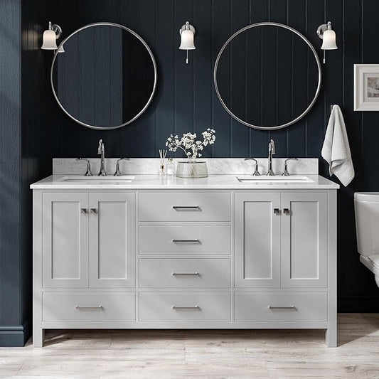 ARIEL Cambridge 66-inch Bathroom Vanity with Sink,Solid Wood, 0.75-inch Italian Carrara Marble Countertop, Double Rectangular Porcelain Sink, 4 Soft Closing Doors, 6 Dovetail Drawers, Grey