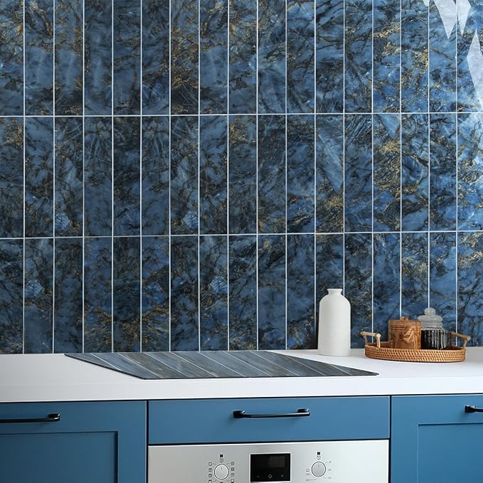 AULIGET 40-Piece Polished Blue Marble Peel and Stick Backsplash Wall Tiles, 3" x 12" PVC Faux Stone Stick on Tiles for Backsplash Kitchen, Bathroom, Laundry Room, Camper, Fireplace