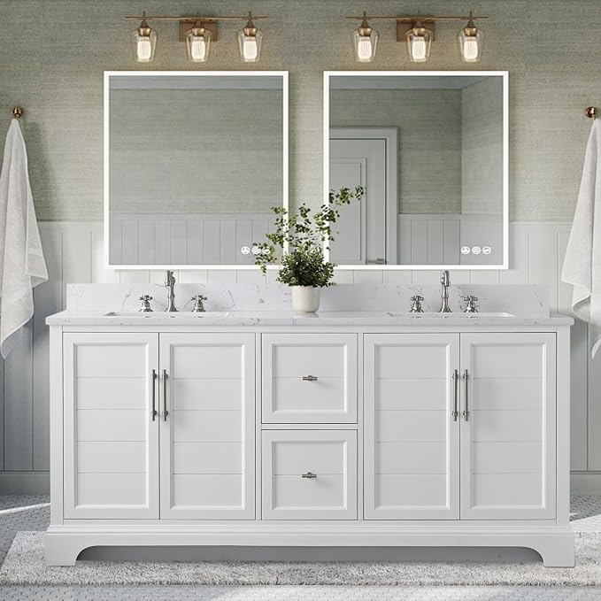 Vanity Art 72 Inch Bathroom Vanity with Double Sink, White | Solid Wood, Ceramic Sink, Marble Top, Waterproof Backsplash, Pre-assembled, Soft-close Doors, Ample Storage, Freestanding