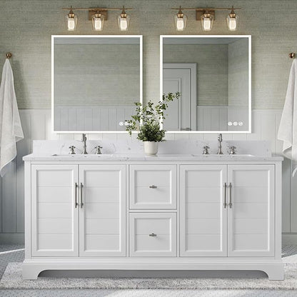 Vanity Art 72 Inch Bathroom Vanity with Double Sink, White | Solid Wood, Ceramic Sink, Marble Top, Waterproof Backsplash, Pre-assembled, Soft-close Doors, Ample Storage, Freestanding