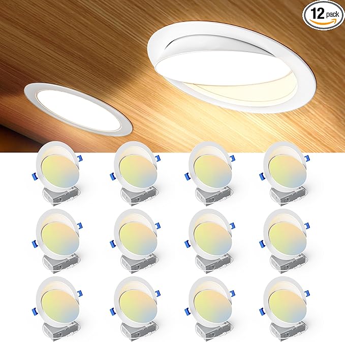 Ensenior 12 Pack 6 inch 5CCT LED Eyeball Recessed Lighting, 360°+90° Rotatable, Dimmable Gimbal Recessed Lights, CRI90+, Canless Angled Adjustable Ceiling Downlight, 1300LM, 13W=115W, 120V - ETL&FCC