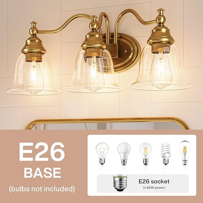 Tribesigns 3-Light Bathroom Light Fixtures, Modern Vanity Light with Clear Glass Shade, Bathroom Wall Lamp for Mirror Living Room Kitchen Hallway Porch, E26 Base, Bulbs Not Included (Gold)