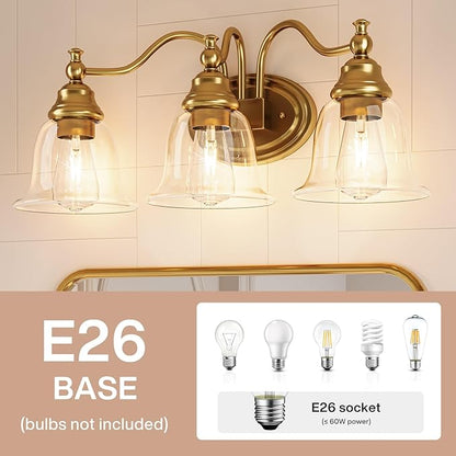 Tribesigns 3-Light Bathroom Light Fixtures, Modern Vanity Light with Clear Glass Shade, Bathroom Wall Lamp for Mirror Living Room Kitchen Hallway Porch, E26 Base, Bulbs Not Included (Gold)