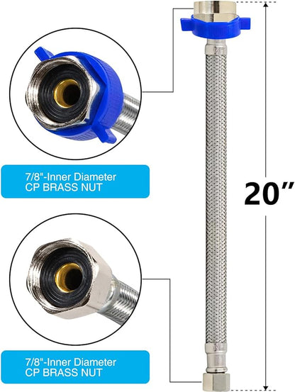 Toilet Connector, 20-Inch Stainless Steel Braided Hose with 1/2" Inch Ballcock Nuts, 1/2" Inch Compression