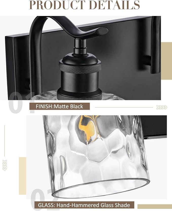 3-Light 20 Inch Bathroom Vanity Light,Hammered Glass,Black | Over Mirror Wall Light,E26 sockets,for bathroom mirror,powder room,dressing area,wall-mounted vanity lighting