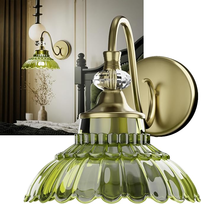 1-Light Copper Vintage Vanity Light with Green Crystal Glass Shade | Wall Sconce Fixtures Bathroom Wall Lamp for Mirror Bathroom Kitchen Living Room Porch Vanity Bedroom