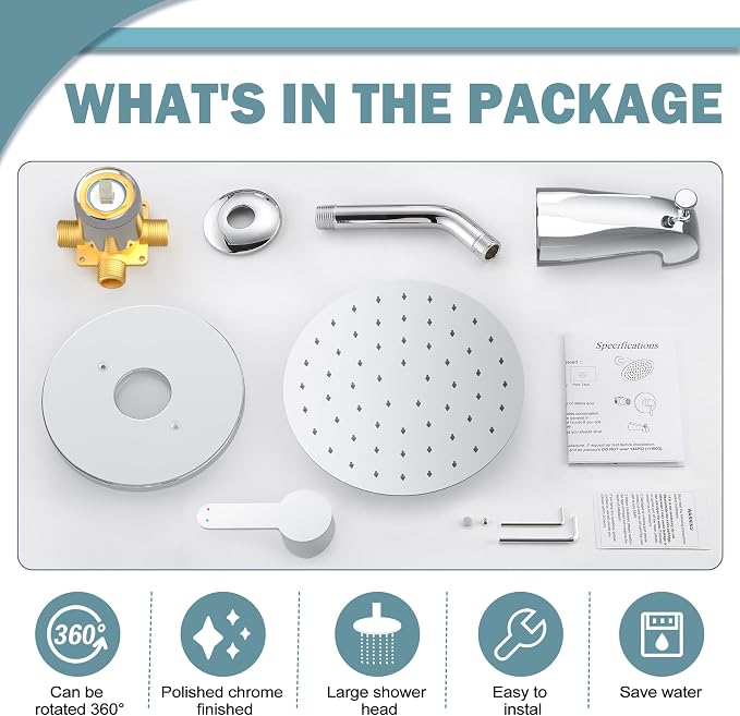 Tub Shower Faucet, Polished Chrome Shower Faucet Set with 8-Inch All-Metal Rainfall Showerhead and Bathtub Spout, Single-Handle Tub Shower-Trim Kit Included Valve, Polished Chrome