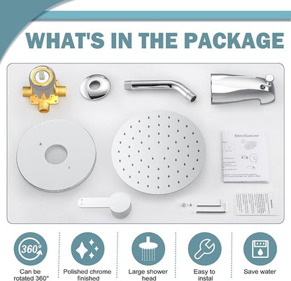 Tub Shower Faucet, Polished Chrome Shower Faucet Set with 8-Inch All-Metal Rainfall Showerhead and Bathtub Spout, Single-Handle Tub Shower-Trim Kit Included Valve, Polished Chrome