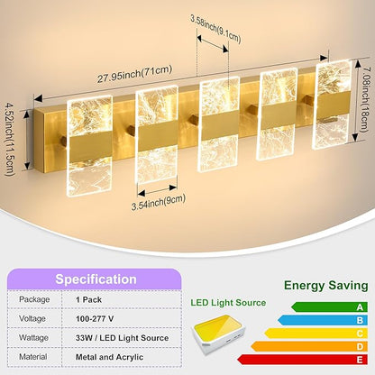 Modern LED Bathroom Light Fixtures Dimmable 5-Light Gold Vanity Light, 5CCT Adjustable Lighting Fixture Vanity Lights Over Mirror, Smoked Acrylic LED Vanity Lights for Bathroom