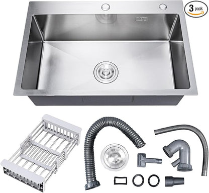 23.6 x 17.7 Inch Kitchen Sink Drop in, Stainless Steel Nano-Coating Kitchen Sinks, 8" Deep Single Bowl Sink with Basket & Drain Kit