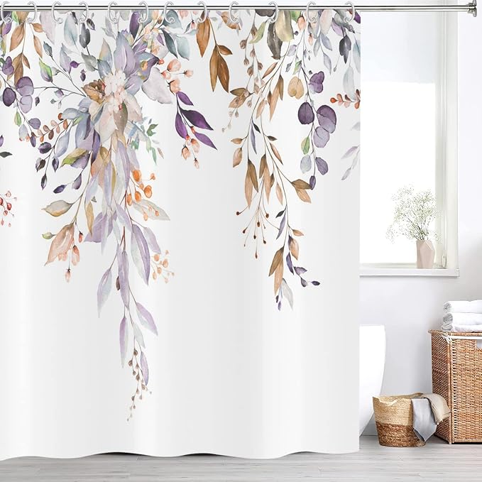 Leaf Shower Curtain, Light Purple and Tan Eucalyptus Leaves Botanical Plants on The Top Fabric Bathroom Curtain Home Decor Waterproof Washable with 12 Hooks 72.00'' x 65.00'' (GCI-8612)