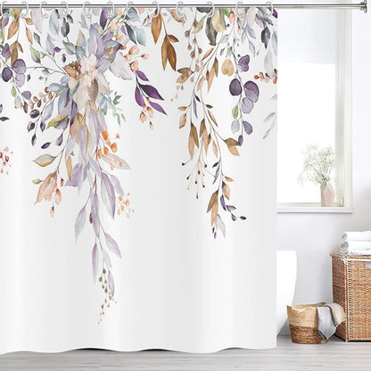 Leaf Shower Curtain, Light Purple and Tan Eucalyptus Leaves Botanical Plants on The Top Fabric Bathroom Curtain Home Decor Waterproof Washable with 12 Hooks, 78''Lx72''W (GCI-10028)
