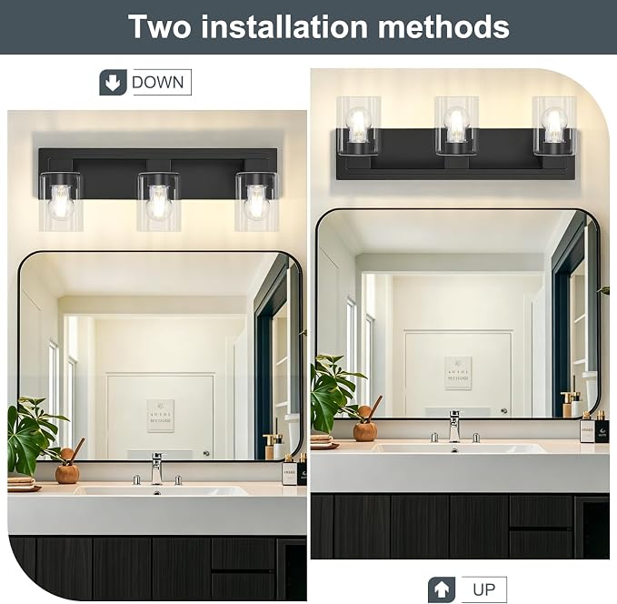 21.6 Inch Bathroom Light Fixtures, with Clear Glass Shade | 3-Light Matte Black Bathroom Lighting Fixtures Over Mirror, Modern Wall Light, bathroom vanity light E26 Socket, ETL