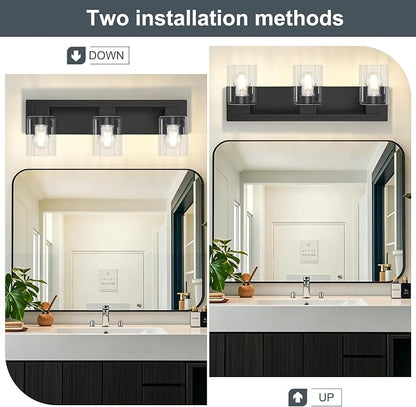 21.6 Inch Bathroom Light Fixtures, with Clear Glass Shade | 3-Light Matte Black Bathroom Lighting Fixtures Over Mirror, Modern Wall Light, bathroom vanity light E26 Socket, ETL