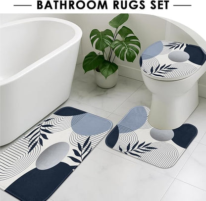 Bathroom Sets with Shower Curtain and Rugs, 4 Pcs, Boho Leaf | Abstract Mid Century Geometric Bathroom Decor Set with Toilet Lid Cover, Non-Slip Bath Mats and Accessories 12 Hooks