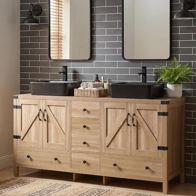 60-inch Natural Color Bathroom Vanity with Side Cabinet, Rustic Fixture Standing Pedestal Cabinet Without Sink