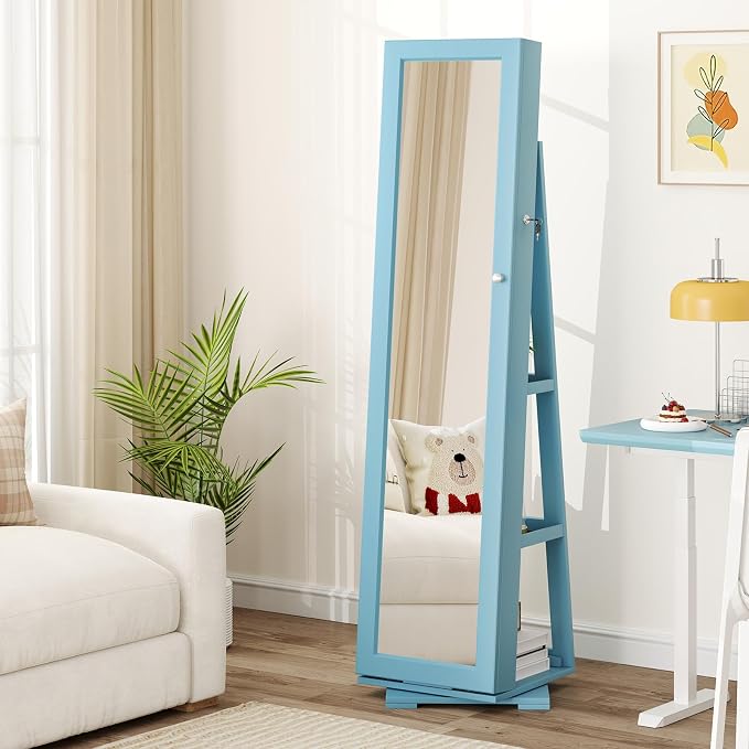 GOFLAME 360° Rotating Jewelry Armoire, Lockable Jewelry Cabinet with Full-Length Mirror & Inner Makeup Mirror, Standing Jewelry Storage Organizer with Rear Storage Shelves, Sky Blue