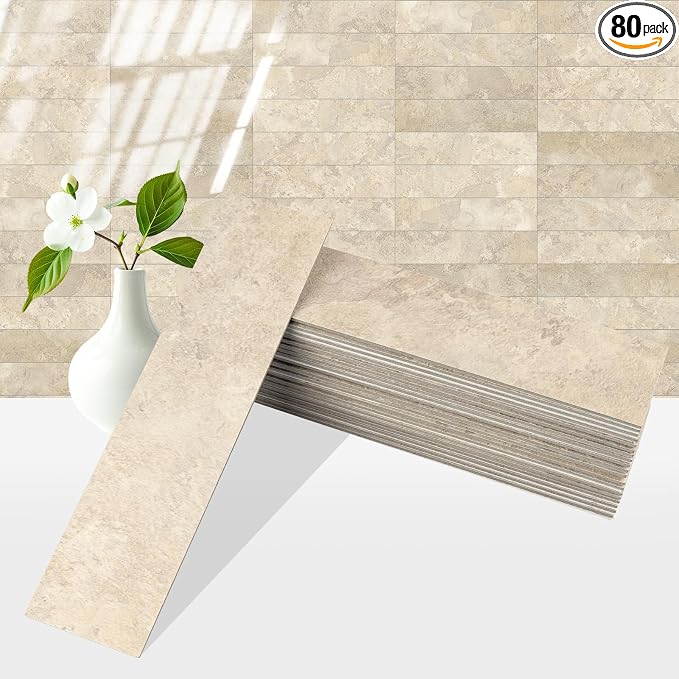 80-Piece Beige Stone Peel and Stick Backsplash Tile, 2"x 8" PVC Subway Tiles, Stick on Backsplash for Kitchen/Bathroom/Fireplace