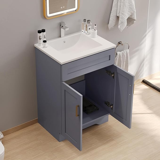 24 Inch Bathroom Vanity with Sink, Bathroom Storage Vanity Cabinet for Small Space, Bathroom Vanity with 2 Doors and 1 Drawer, Modern Freestanding Vanity Sink (Grey)