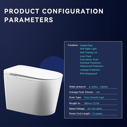 MEJE #Q2Q - Basic Smart Function Toilet with Built-in Heated Seat, Elongated Tankless Toilet with Auto Flushing, Foot Sensor Flushing, Adjustable Seat Temperature, Flush Remote Control, Night Light