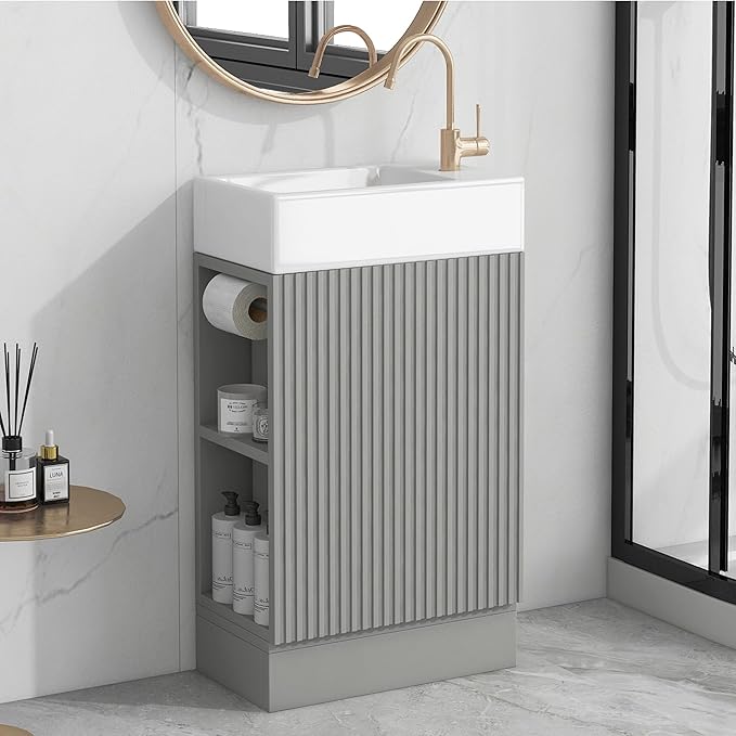 Harper & Bright Designs 18.6" Bathroom Vanity with Sink, Free Standing Single Basin Vanity Set with Storage Cabinet & Two-Tier Shelf, Wooden Cabinet with Ceramic Basin for Bathroom, Grey