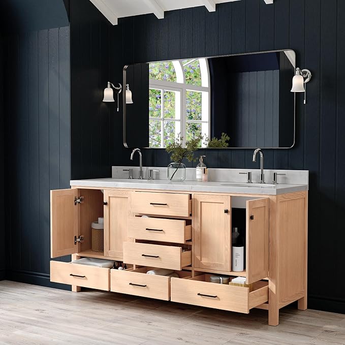 ARIEL Cambridge 72-inch Bathroom Vanity with Sink,Solid Wood, 1.5-inch Carrara White Quartz Countertop & Backsplash, Double Oval Porcelain Sink, 4 Soft Closing Doors, 6 Dovetail Drawers, White Oak