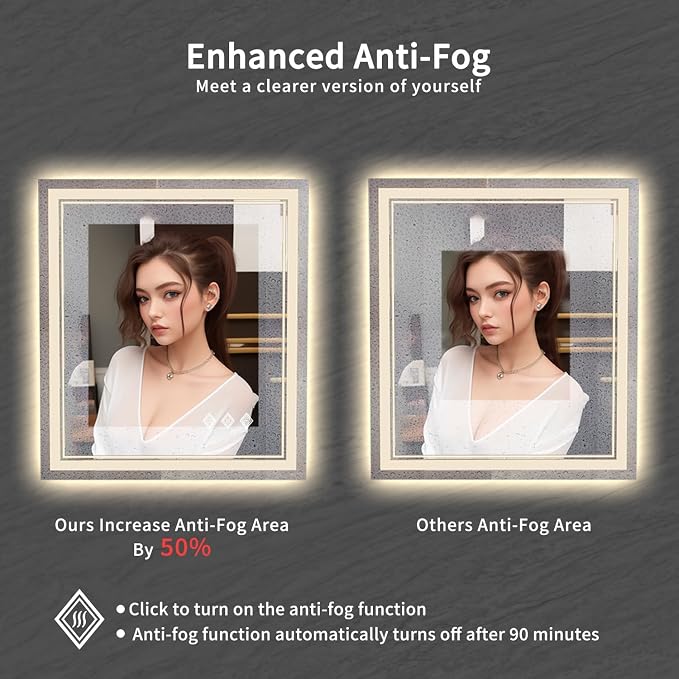 Bathroom Mirror, 32x36 Inch Gradient Front and Backlit LED Mirror for Bathroom, 3 Colors Dimmable CRI>90 Double Lights, IP54 Enhanced Anti-Fog, Hanging Plates Wall Mount LED Mirror