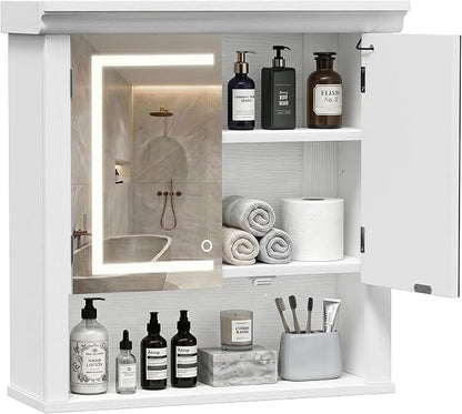 Bathroom Medicine Cabinet with Mirror and Lights, Wall Mount Bathroom Mirror with Storage, 3 Color Temps, Led Medicine Cabinet Mirror for Bathroom with 2 Doors, 9.3" Dx24.2 Wx25 H(White)