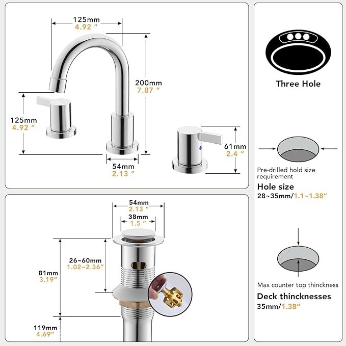 Phiestina Widespread Bathroom Sink Faucet, 3 Hole 8 Inch Chrome Finish, Modern Vanity Faucet with Metal Pop Up Drain, WF015-1-C