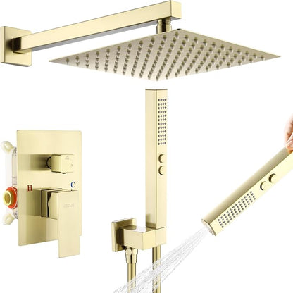 Rain Shower System, 10''Square Rain Head,2-Spray Handheld, Gold | 2 Spray Functions,Anti-Tangle Explosion-proof PVD Hose,Balance Temp Valve,Rust-proof & Scratch-resistant