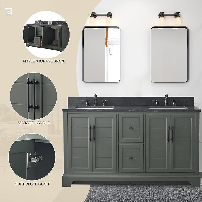 HOMEBEYOND 60 Inch Bathroom Vanity with Double Sink & Ceramic Top, Vanity Cabinet with Center Countertop Basin, Soft-Closing Doors, Backsplash,Vintage Green
