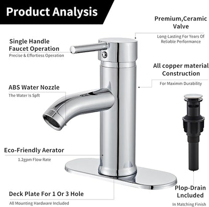 Chrome Bathroom Sink Vanity Faucet Single Handle Modern RV Faucet Deck Mount 1 Hole or 3 Holes