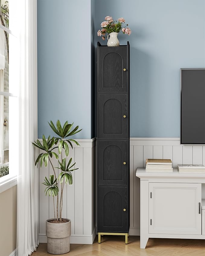 Hzuaneri 4-Tier Narrow Tall Storage Cabinet | Slim Bathroom Storage Cabinet with 4 Adjustable Feet and Shelves, for Living Room, Laundry Room, Black,11"D x 11"W x 70.9"H