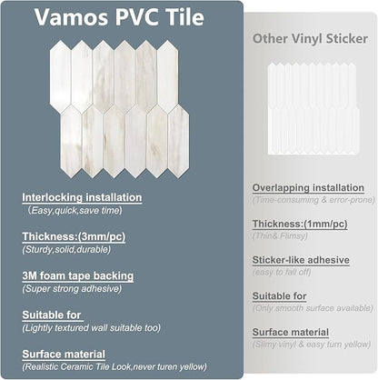 Vamos Tile Glossy Wood Marble Grain Backsplash Tile Peel and Stick, 12.8 x 12.8 Inch 10 Sheets Long Hexagon PVC Self Adhesive Mosaic Wall Tiles Stick on Backsplash for Kitchen and Bathroom