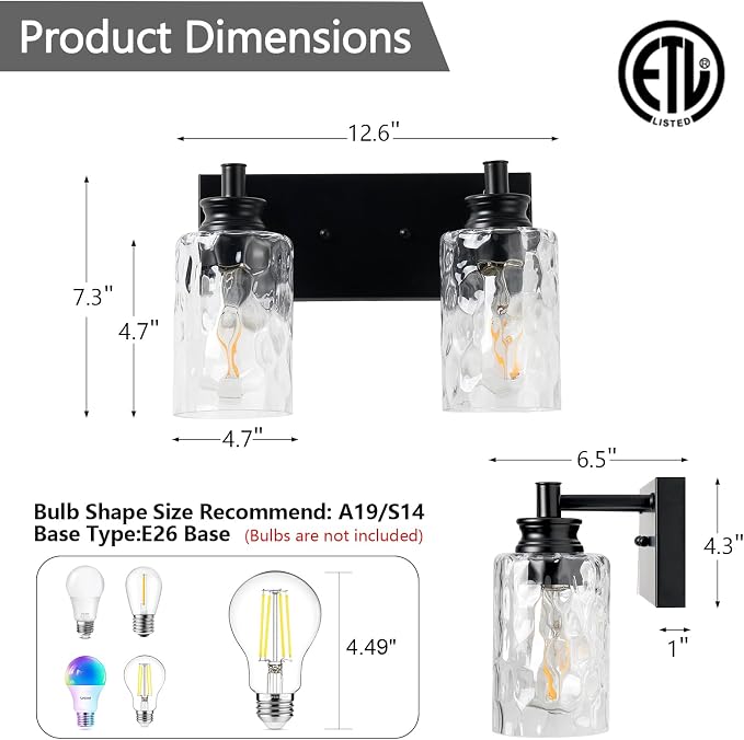 2 Light Bathroom Vanity Light Modern Black Bathroom Light Fixtures Over Mirror with Hammered Glass Lampshade for Kitchen Hallway