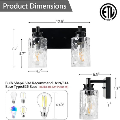 2 Light Bathroom Vanity Light Modern Black Bathroom Light Fixtures Over Mirror with Hammered Glass Lampshade for Kitchen Hallway
