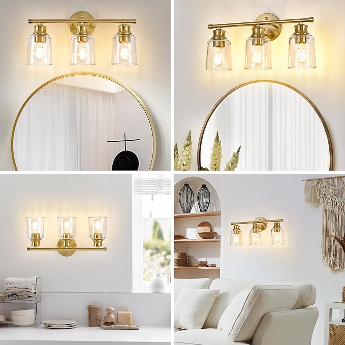 Bathroom Light Fixtures Over Mirror, 3 Lights Vanity Lights with Clear Glass Shade, 18.1" Gold Farmhouse Bathroom Wall Light Fixtures for Bedroom, Porch, Hotel, Mirror Cabinet