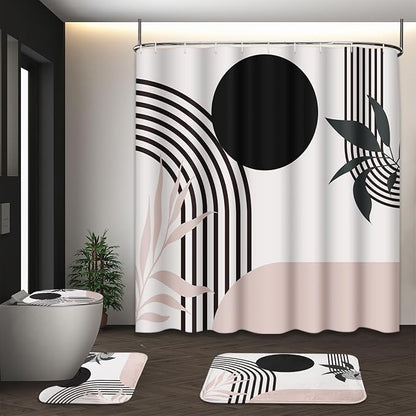 Bathroom Sets with Shower Curtain and Rugs, 4 Pcs, Mid Boho | Century Abstract Modern Minimalist Bathroom Decor Set with Toilet Lid Cover, Non-Slip Bath Mats and Accessories 12 Hooks