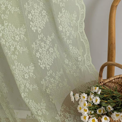 TUDECO Extra Long Green Lace Shower Curtain for Bathroom, 72W x 84L Inch | French Country, Sheer Floral Pattern, Summer Decor, Scalloped Edges, Attached Valance, Reinforced Holes, Machine Washable