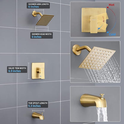Esnbia Shower Tub Kit, Tub and Shower Faucet Set（Valve Included) with 6-Inch Rain Shower Head and Tub Spout, Single-Handle Tub and Shower Trim Kit,Brushed Gold | Complete tub and shower trim kit with 6-inch rainfall head, single-handle control, tub spo...