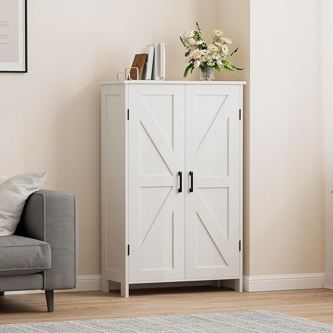 Farmhouse Bathroom Cabinet with Adjustable Shelves, Free-Standing Storage Cabinet with Barn Doors, for Kitchen, Living Room, Dining Room, Entryway, White