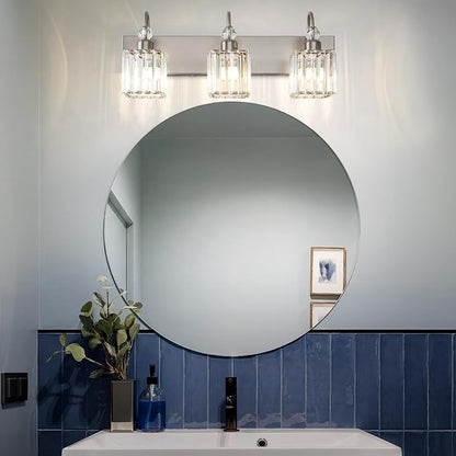 Ralbay Brushed Nickel Vanity Light for Bathroom Crystal 3-Light Modern Crystal Bathroom Light Fixtures
