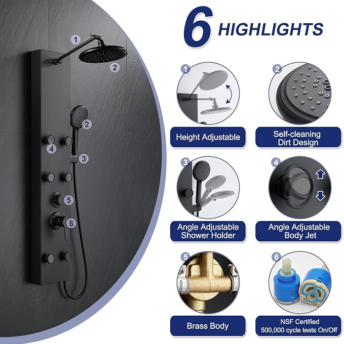 ROVATE Shower Panel Tower System with Adjustable 6 Body Jets, Matte Black | Stainless Steel Shower Column with Height Adjustable Shower Arm, Self-Cleaning Rainfall Shower & Handheld, Rough-in Valve