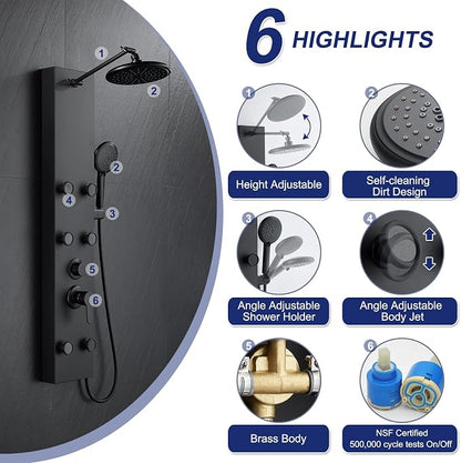 ROVATE Shower Panel Tower System with Adjustable 6 Body Jets, Matte Black | Stainless Steel Shower Column with Height Adjustable Shower Arm, Self-Cleaning Rainfall Shower & Handheld, Rough-in Valve