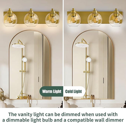 3 Light Bathroom Light Fixtures-Brushed Gold Bathroom Vanity Lights, Modern Vanity Lights 3-Light Bathroom Lighting Fixtures Over Mirror with Clear Glass Globe Shade