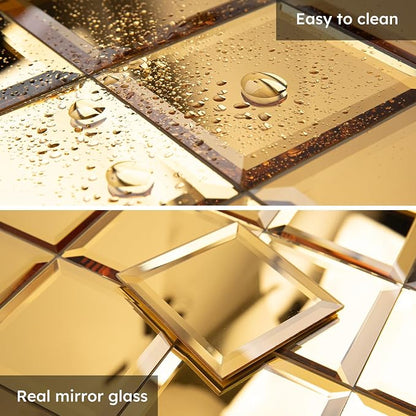 Peel and Stick Mirror Backsplash, Gold, 3x3 Inch, Beveled Mirror Square Kitchen Bar Wall Tile (2 Sq.ft, 32 Pcs)