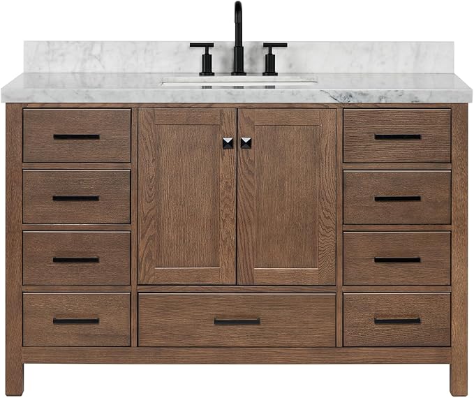 DKB Beckford 54-Inch Brown Oak Single Bathroom Vanity with Sink, 1.5-Inch Edge Italian Carrara Marble Countertop & 4" Backsplash, Soft-Closing Doors & Drawers, Solid Oak Wood Construction