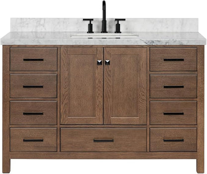 DKB Beckford 54-Inch Brown Oak Single Bathroom Vanity with Sink, 1.5-Inch Edge Italian Carrara Marble Countertop & 4" Backsplash, Soft-Closing Doors & Drawers, Solid Oak Wood Construction
