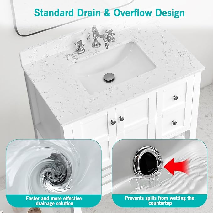 36"x22" Engineered Stone Bathroom Vanity Top with Rectangular Undermount Ceramic Middle Sink, 8 Inch Faucet Hole Spread with Backsplash Bathroom Vanity Sink Top (Cabinet Not Included)
